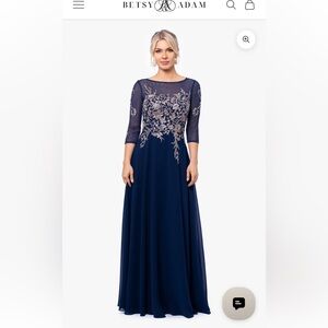 Betsy & Adam Navy and Gold Embroidered Gown